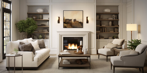 Aesthetic Retreat: Luxurious White Living Room adorned with Fireplace TV Coffee Table and Panorama.