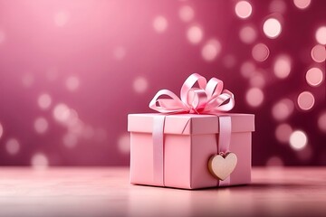pink gift box with heart on bokeh, valentine day background.