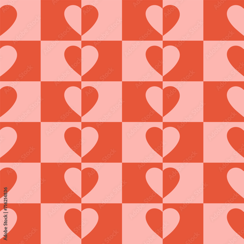 Poster monochrome minimalistic seamless pattern with hearts on a checkered background. modern retro illustr
