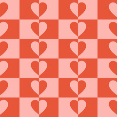 Monochrome minimalistic seamless pattern with hearts on a checkered background. Modern retro illustration for decoration. Aesthetic vector print in style 60s, 70s. Pink and red colors