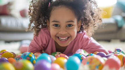 Happy African girl collecting easter eggs
