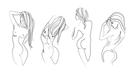 Woman abstract portrait set, continuous line drawing, small tattoo, print for clothes and logo design, emblem or logo design, silhouette one single line, isolated vector illustration.