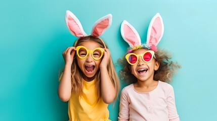 Two joyful girls in bunny ears celebrating easter