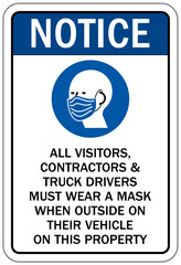 Truck driver sign all visitors, contractors and truck drivers must wear a mask when outside on their vehicle on this property