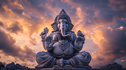 Lord ganesha sculpture at beautiful sunset. Goddess ganesh festival. - obrazy, fototapety, plakaty