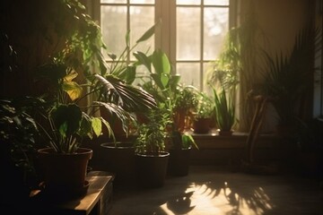 Tropical house plants in a sunlit room. Natural air purify, home decoration, morning light. Generative AI