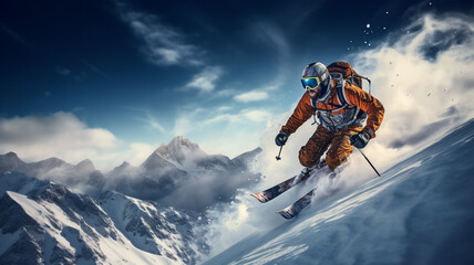skier on background of snowy mountains