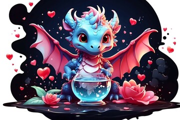 a cute blue dragon surrounded by love and water on a valentines theme