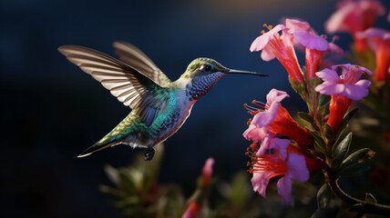 Adult billed hummingbird feeding at flower at sunrise