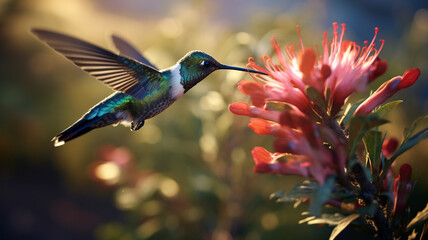 Obraz premium Adult billed hummingbird feeding at flower at sunrise