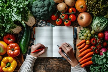 A person scribbling in a notepad amid a rainbow of vibrant fruits and veggies. Generative Ai.