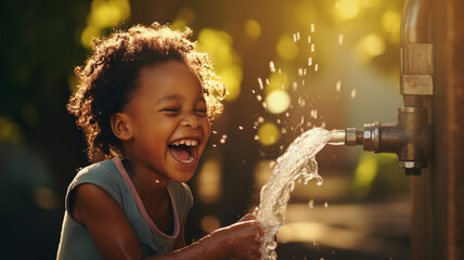 Happy african child drinking water from faucet, Environmental awareness - obrazy, fototapety, plakaty