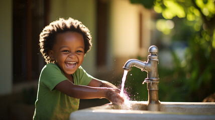 Happy african child drinking water from faucet, Environmental awareness - obrazy, fototapety, plakaty