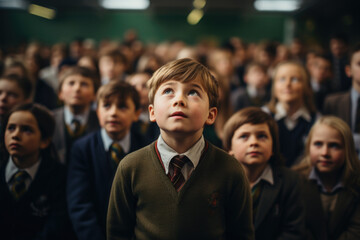 Boy in school uniform gazes up at sky. This image can be used to depict curiosity, hope, or daydreaming