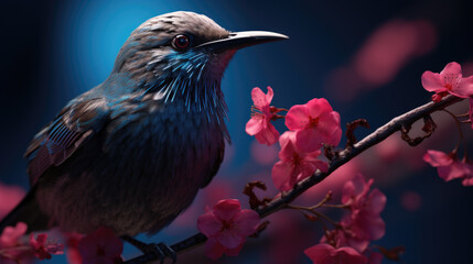 Beautiful bird perched on branch surrounded by vibrant pink flowers. Perfect for nature enthusiasts and garden lovers
