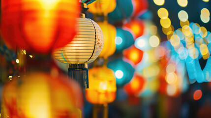 Colorful paper lanterns hanging from pole. Can be used for festive decorations or outdoor events