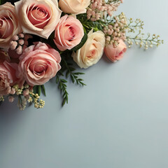 Bouquet of pink roses and gypsophila on blue background