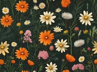 Colorful daisies and wildflowers on dark green background.