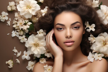 Stunning young woman standing amidst bed of white flowers. This image can be used for various purposes, such as beauty, nature, spring, or garden-related projects