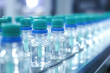 Close-up of Sealed Water Bottles on Production Line in Factory