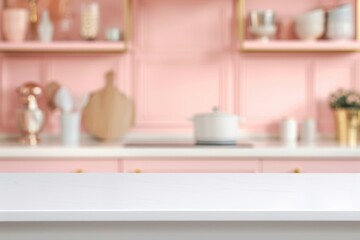 Fototapeta na wymiar white countertop with blurred peach-colored kitchen background.