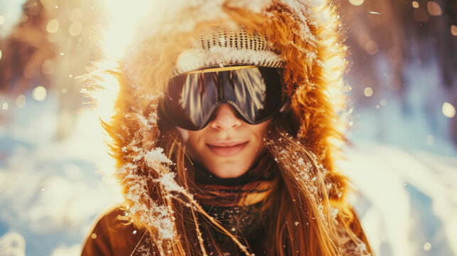 Woman is pictured wearing furry hat and goggles in snow. This image can be used to depict winter activities or protection against cold