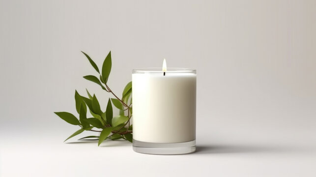 White candle sits next to green plant. This versatile image can be used to create calming ambiance or to symbolize growth and new beginnings