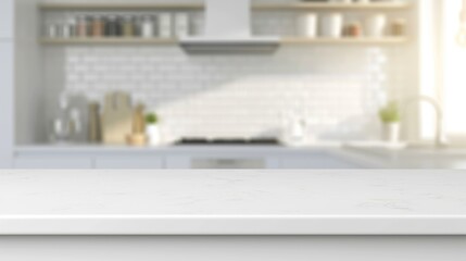 countertop with blurred home kitchen background in white