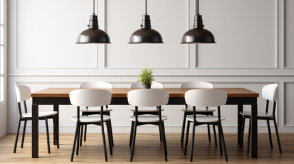 Dining room featuring wooden table and white chairs. This versatile image can be used to showcase modern, minimalist interior design or as background for various food-related themes