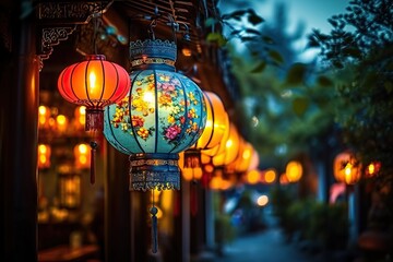 A Tapestry of Tradition Colorful Illuminated Lanterns Adorn a Wooden Structure, Creating a Warm and Inviting Atmosphere in a Serene Outdoor Setting During the Evening Hours