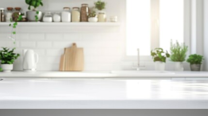 Fototapeta na wymiar countertop with blurred home kitchen background in white