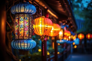 Naklejka premium A Tapestry of Tradition Colorful Illuminated Lanterns Adorn a Wooden Structure, Creating a Warm and Inviting Atmosphere in a Serene Outdoor Setting During the Evening Hours