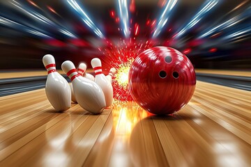Dynamic Bowling Alley Action A Vivid Capture of a Red Bowling Ball Striking Pins with Energy and Precision, Illuminated by Bright Lights - obrazy, fototapety, plakaty