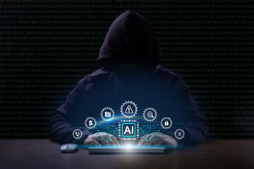 Cyber security and Tech warning or scam concept. Hackers utilize AI (Artificial Intelligence)...