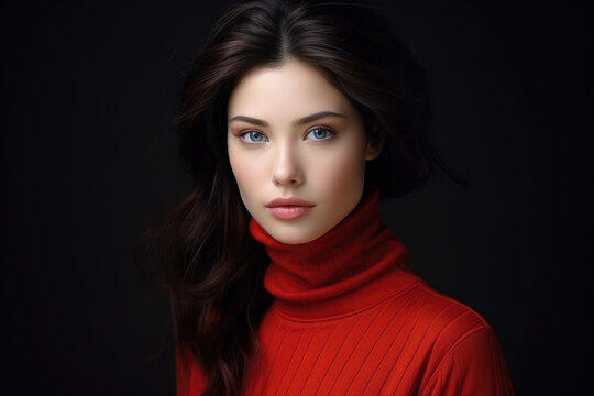 Woman wearing red turtle neck sweater. This versatile image can be used to showcase fashion, winter clothing, or cozy and comfortable outfits