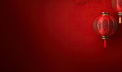 Red lantern hanging high, in the red simple Chinese pattern background, simple and beautiful generative AI