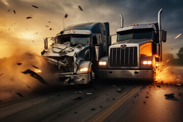 Intense Collision Between Two Trucks on a Stormy Highway - obrazy, fototapety, plakaty