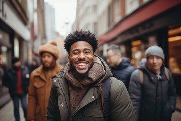 Man with beard smiles while walking down crowded street. This image can be used to depict happiness and urban lifestyle