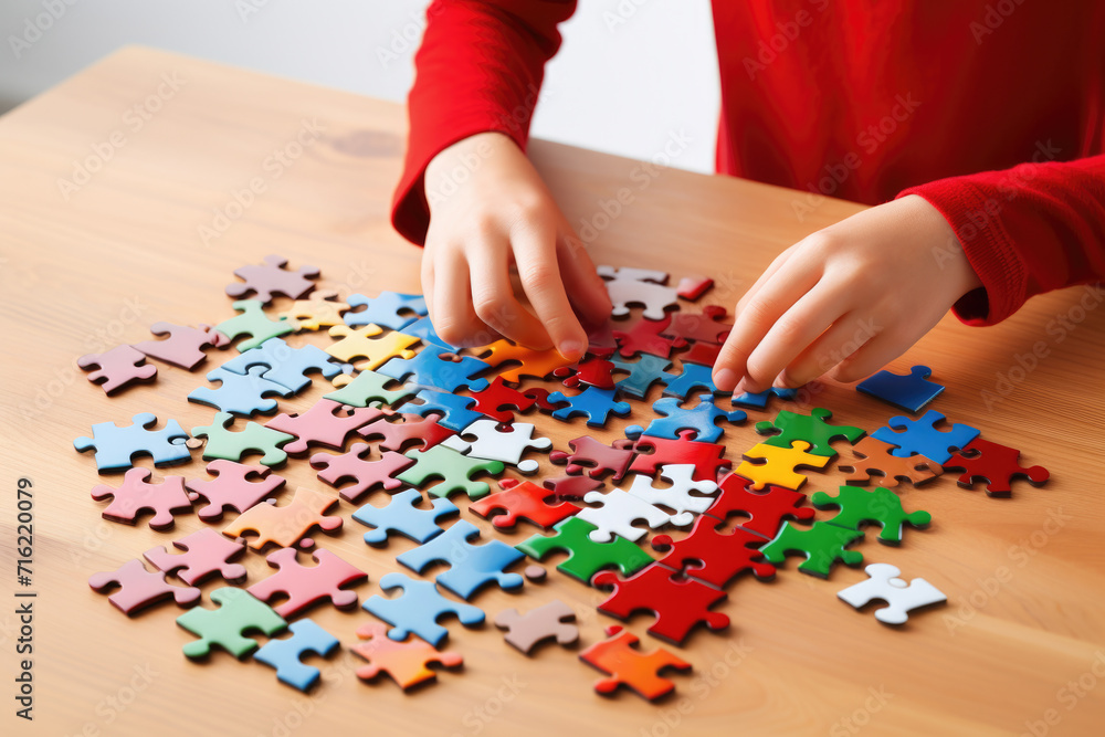 Poster child is seen putting pieces of puzzle together. this image can be used to represent problem-solving