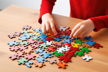 Child is seen putting pieces of puzzle together. This image can be used to represent problem-solving, concentration, and learning