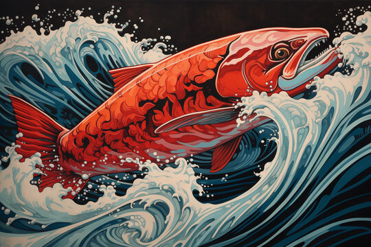 Ukiyo-e wood block print of a salmon struggling against big waves