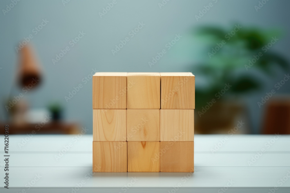 Poster wooden block placed on top of table. suitable for various concepts and designs