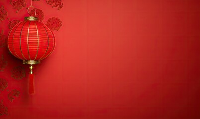 Red lantern hanging high, in the red simple Chinese pattern background, simple and beautiful generative AI