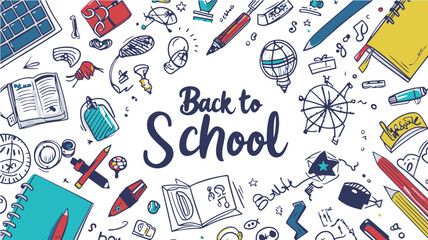 Vibrant and playful illustration of assorted school supplies with a bold text