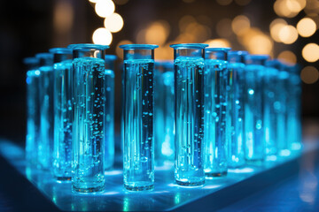 Test tubes filled with blue liquid, suitable for scientific experiments or laboratory concepts - obrazy, fototapety, plakaty
