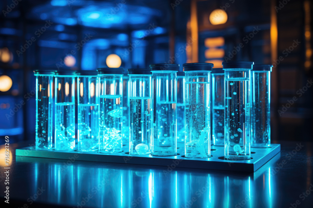 Poster row of test tubes filled with various liquids. suitable for scientific and laboratory concepts