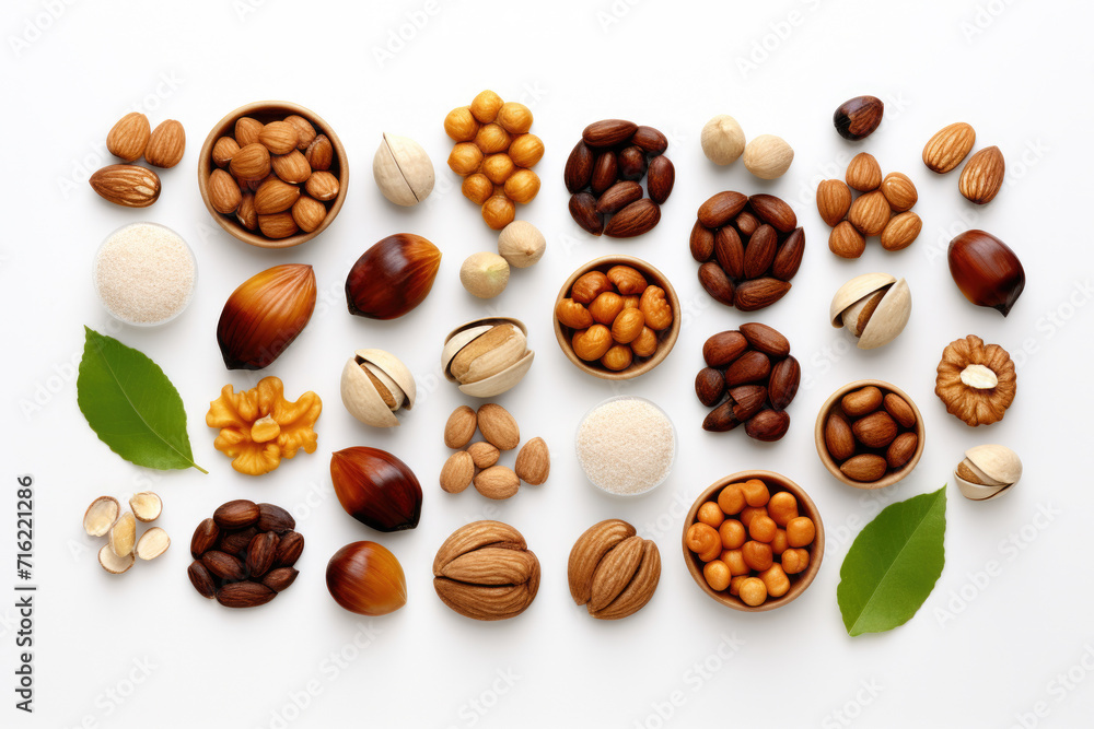 Poster collection of various nuts and nutshells arranged on white surface. this image can be used to showca
