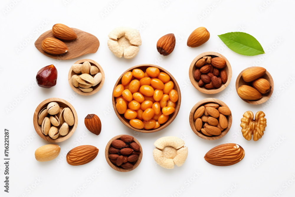 Poster collection of different types of nuts displayed in wooden bowls. this versatile image can be used to
