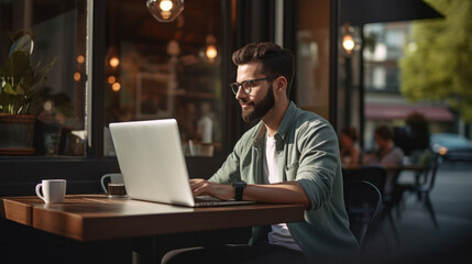 Man working on a laptop from a cozy coffee shop,  enjoying a change of scenery with remote work