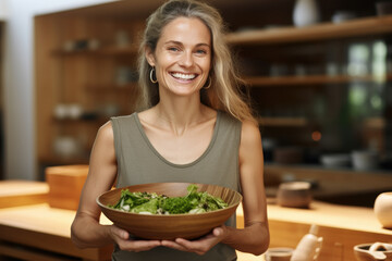 Woman holds bowl of salad in kitchen. This image can be used to depict healthy eating, cooking, or balanced diet